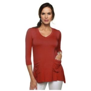 LOGO Lori Goldstein Red V Neck Tunic Top Pockets M